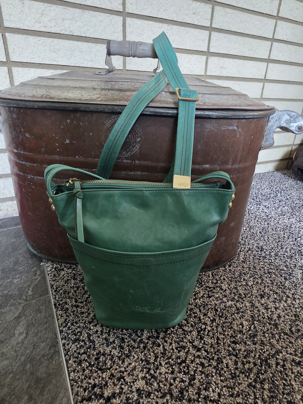 HOBO Green Leather Bucket Satchel Crossbody Bag Vintage Soft Leather Y2K - Picture 2 of 16